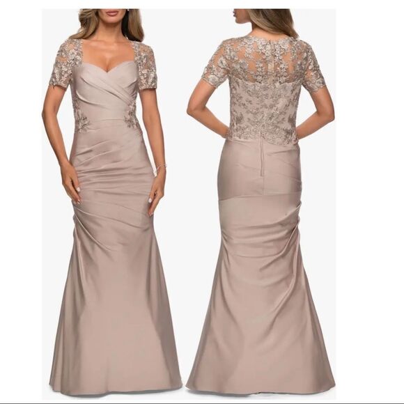 New La Femme lace back satin trumpet gown in frost Mother of the bride gown - Picture 1 of 8